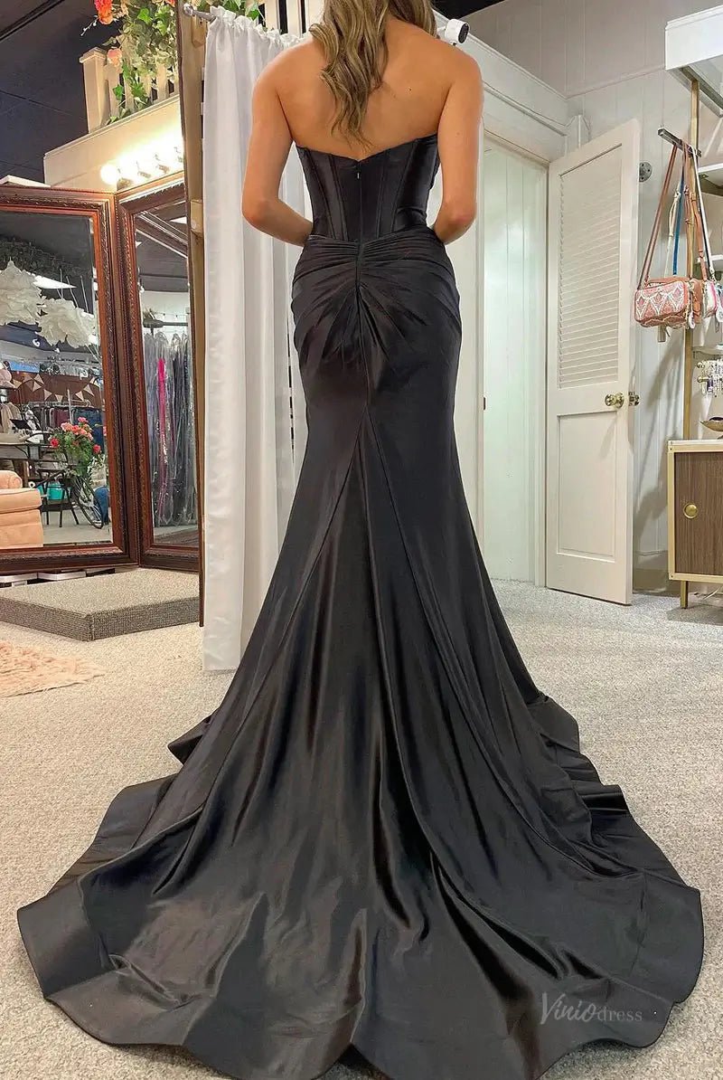 Strapless Satin Mermaid Prom Dresses 2025 with Slit & Pleated Crossed Bodice – FD5040 - Viniodressprom dressesBlackCustom Size - Formal Dresses - Ball Gowns