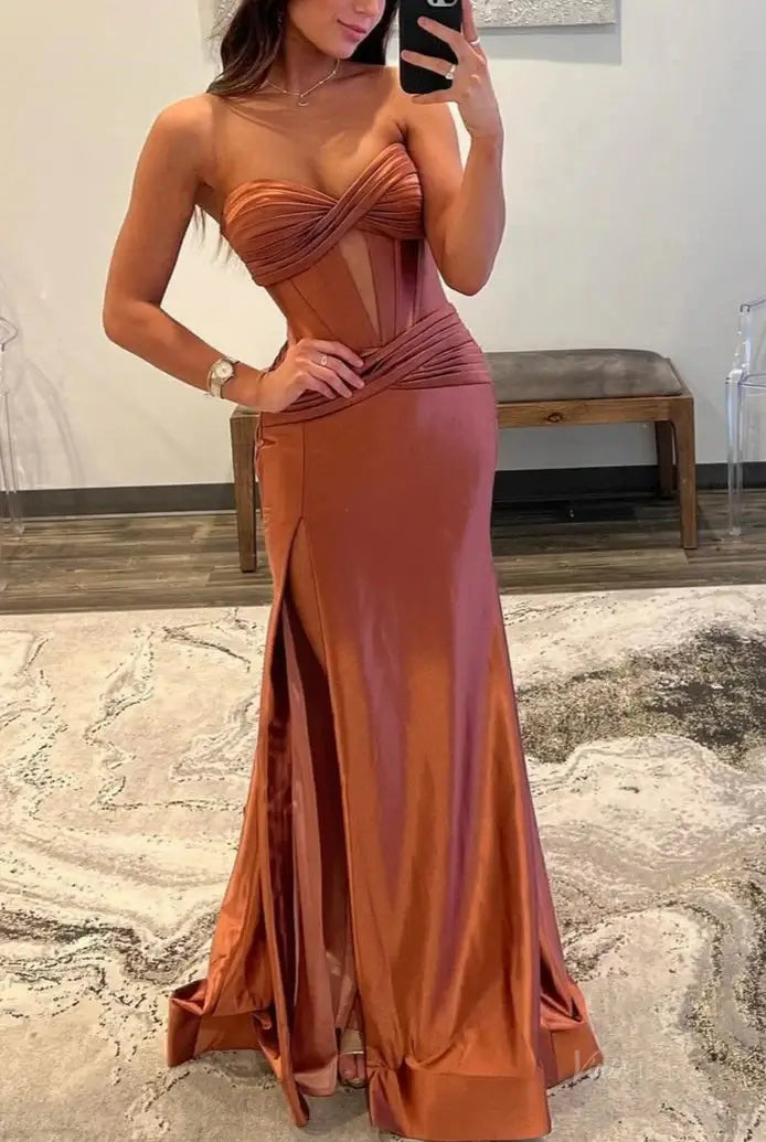 prom dresses 2025 Strapless Satin Mermaid Prom Dresses 2025 with Slit & Pleated Crossed Bodice – FD5040-plus size wedding dresses Viniodress-Hot Pink-Custom Size-