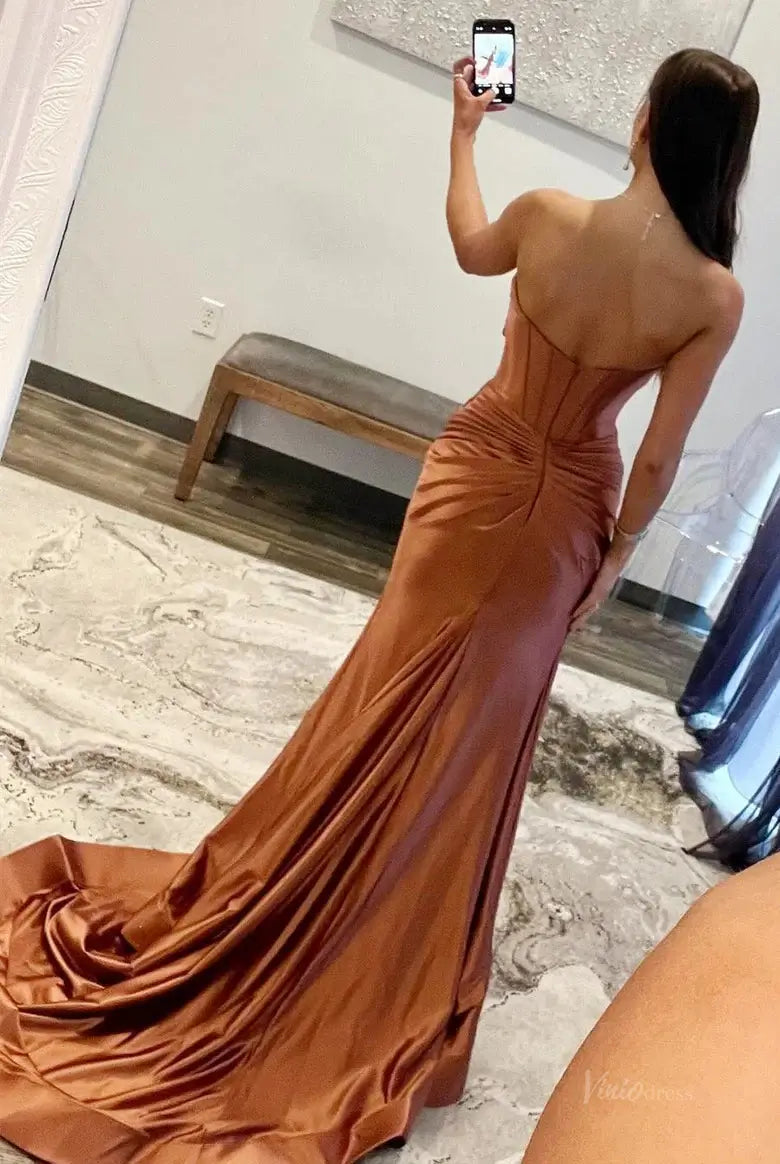 prom dresses 2025 Strapless Satin Mermaid Prom Dresses 2025 with Slit & Pleated Crossed Bodice – FD5040-plus size wedding dresses Viniodress-Hot Pink-Custom Size-