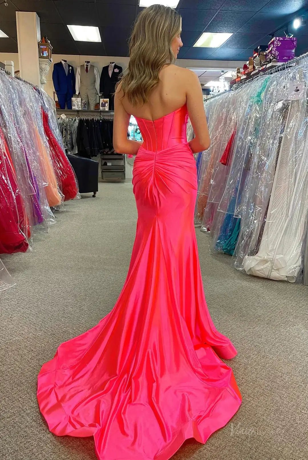 Strapless Satin Mermaid Prom Dresses 2025 with Slit & Pleated Crossed Bodice – FD5040 - Viniodressprom dressesHot PinkCustom Size - Formal Dresses - Ball Gowns