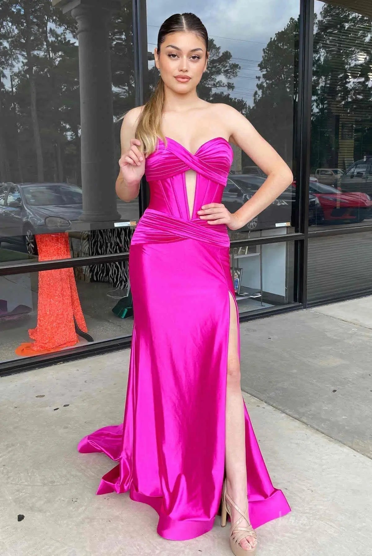 prom dresses 2025 Strapless Satin Mermaid Prom Dresses 2025 with Slit & Pleated Crossed Bodice – FD5040-plus size wedding dresses Viniodress-Hot Pink-Custom Size-