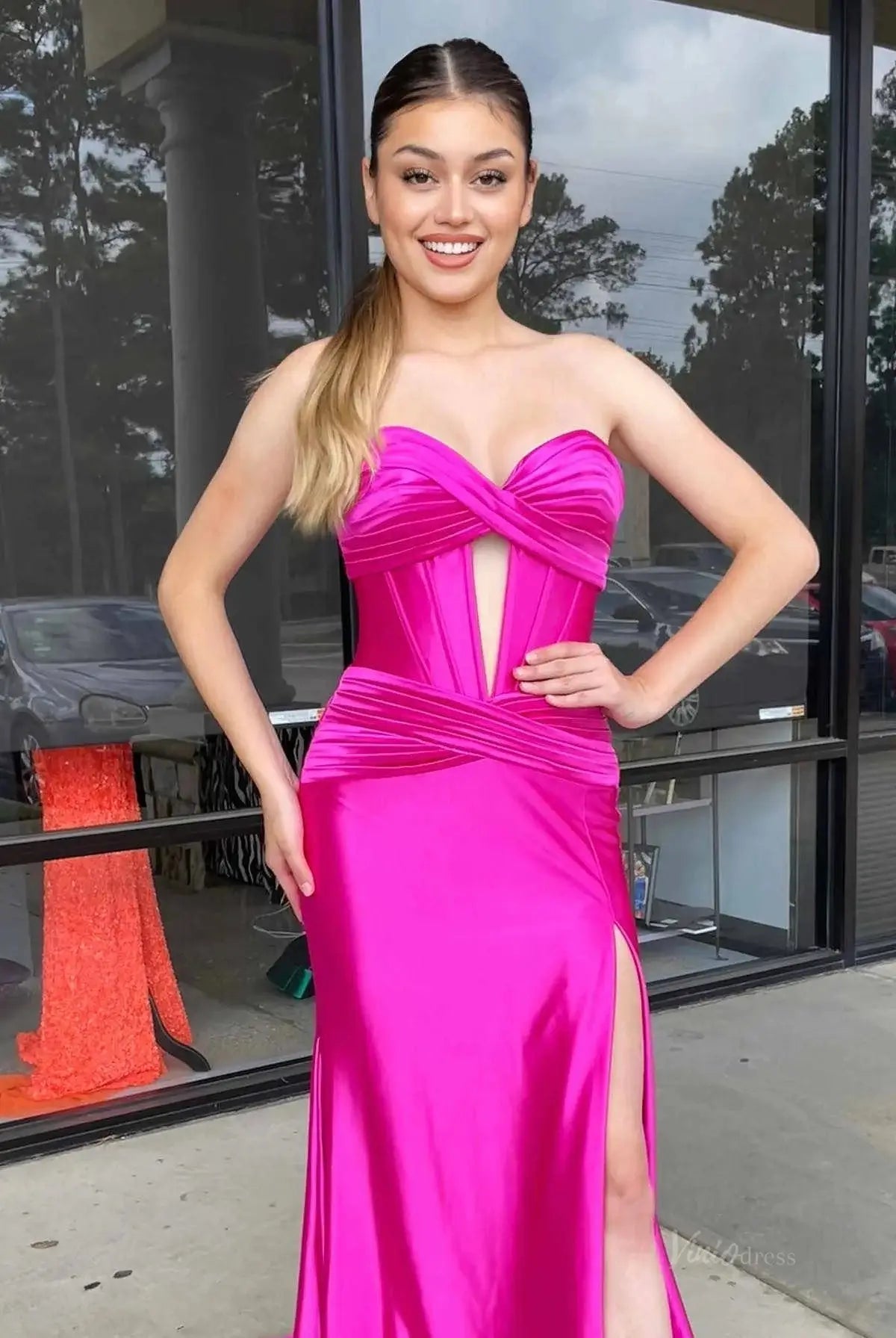 prom dresses 2025 Strapless Satin Mermaid Prom Dresses 2025 with Slit & Pleated Crossed Bodice – FD5040-plus size wedding dresses Viniodress-Hot Pink-Custom Size-