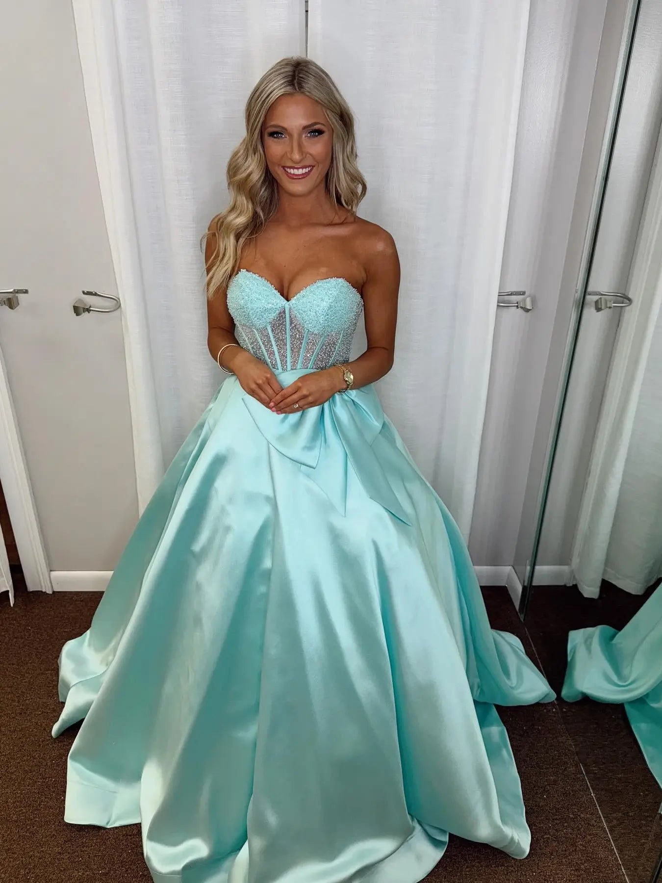 Strapless Satin Prom Dress with Bow, Sweetheart Neckline & Beaded Bodice – Style FD5195 - Viniodressprom dressesBlueCustom Size - Formal Dresses - Ball Gowns