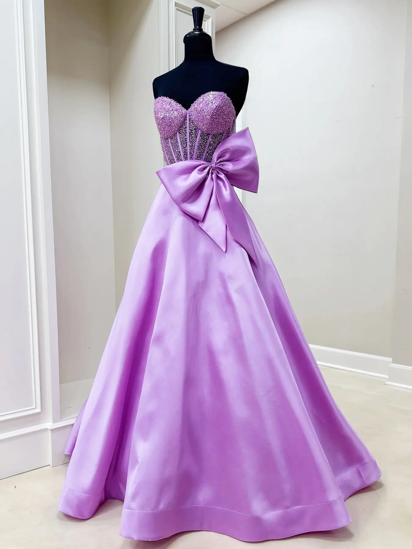 Strapless Satin Prom Dress with Bow, Sweetheart Neckline & Beaded Bodice – Style FD5195 - Viniodressprom dressesLavenderCustom Size - Formal Dresses - Ball Gowns