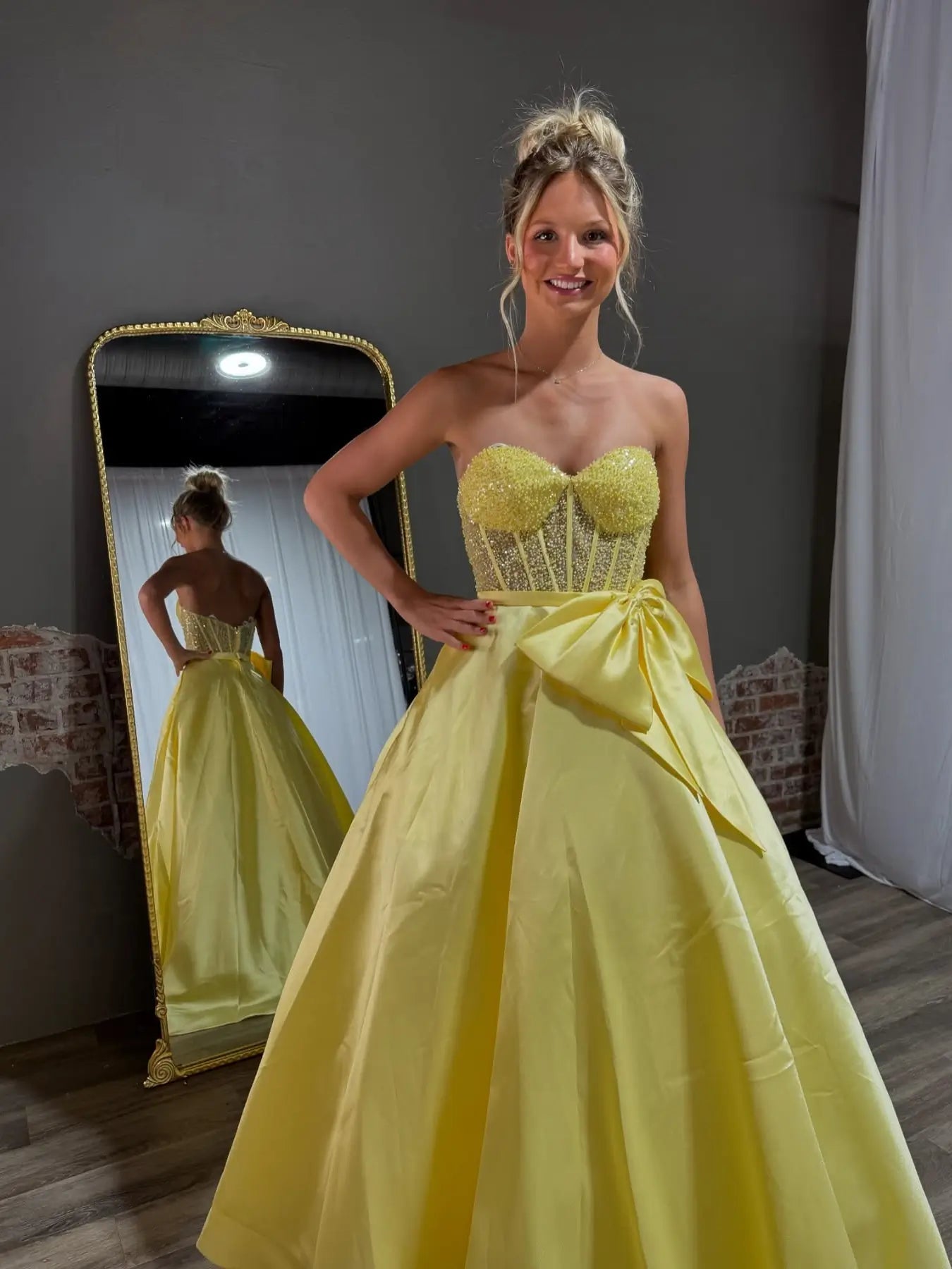 Strapless Satin Prom Dress with Bow, Sweetheart Neckline & Beaded Bodice – Style FD5195 - Viniodressprom dressesYellowCustom Size - Formal Dresses - Ball Gowns