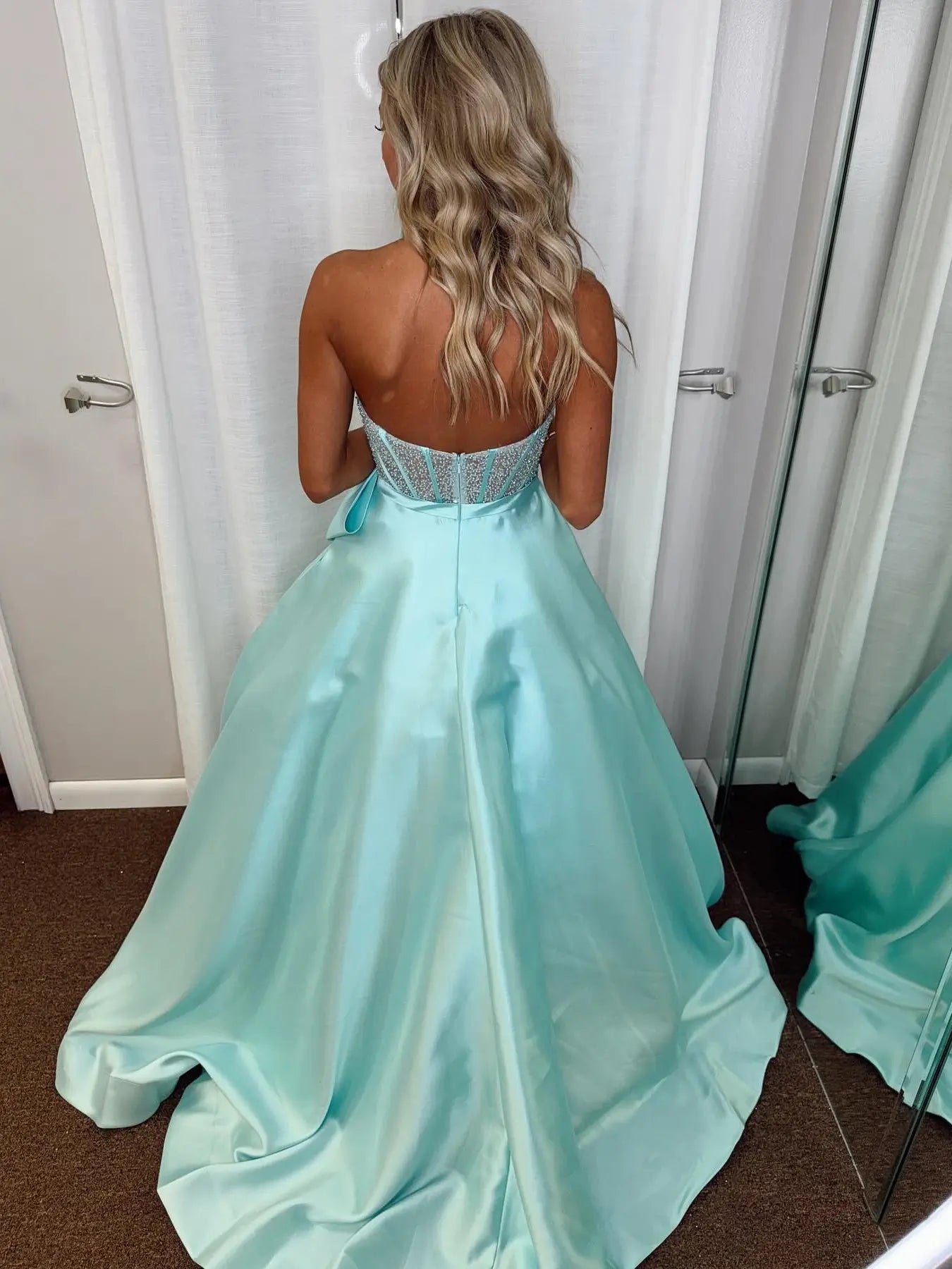 Strapless Satin Prom Dress with Bow, Sweetheart Neckline & Beaded Bodice – Style FD5195 - Viniodressprom dressesBlueCustom Size - Formal Dresses - Ball Gowns