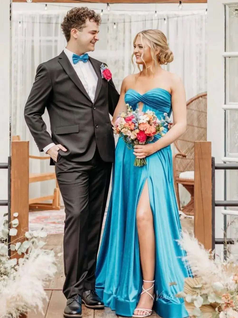 Strapless Satin Prom Dresses 2025 Crossed Bodice Formal Gown with High Slit FD5123 - Viniodressprom dressesBlueCustom Size - Formal Dresses - Ball Gowns