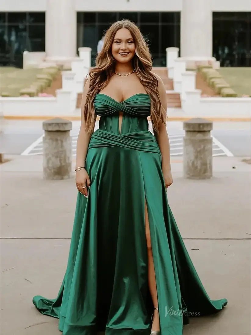 Strapless Satin Prom Dresses 2025 Crossed Bodice Formal Gown with High Slit FD5123 - Viniodressprom dressesGreenCustom Size - Formal Dresses - Ball Gowns