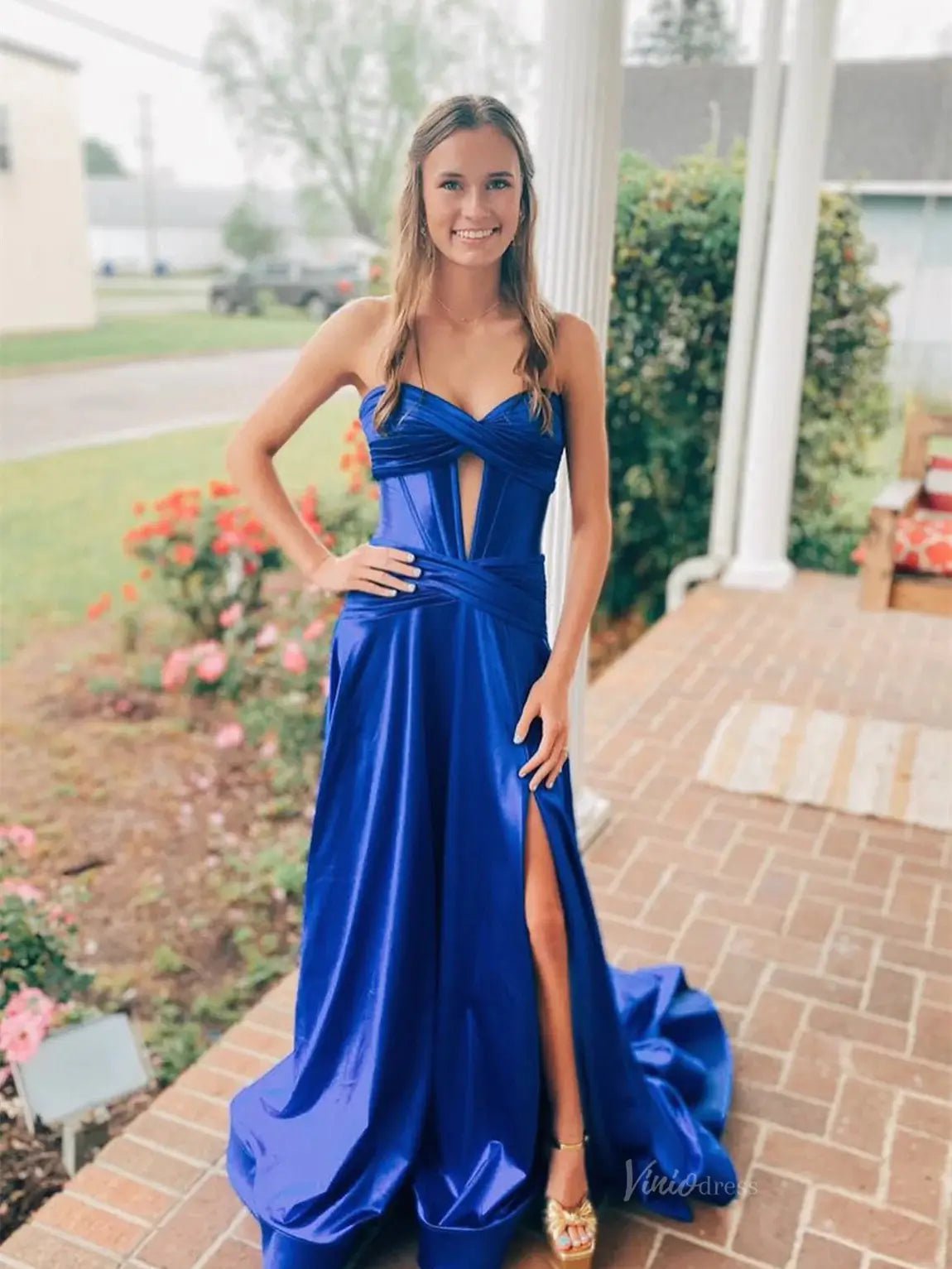 Strapless Satin Prom Dresses 2025 Crossed Bodice Formal Gown with High Slit FD5123 - Viniodressprom dressesRoyal BlueCustom Size - Formal Dresses - Ball Gowns