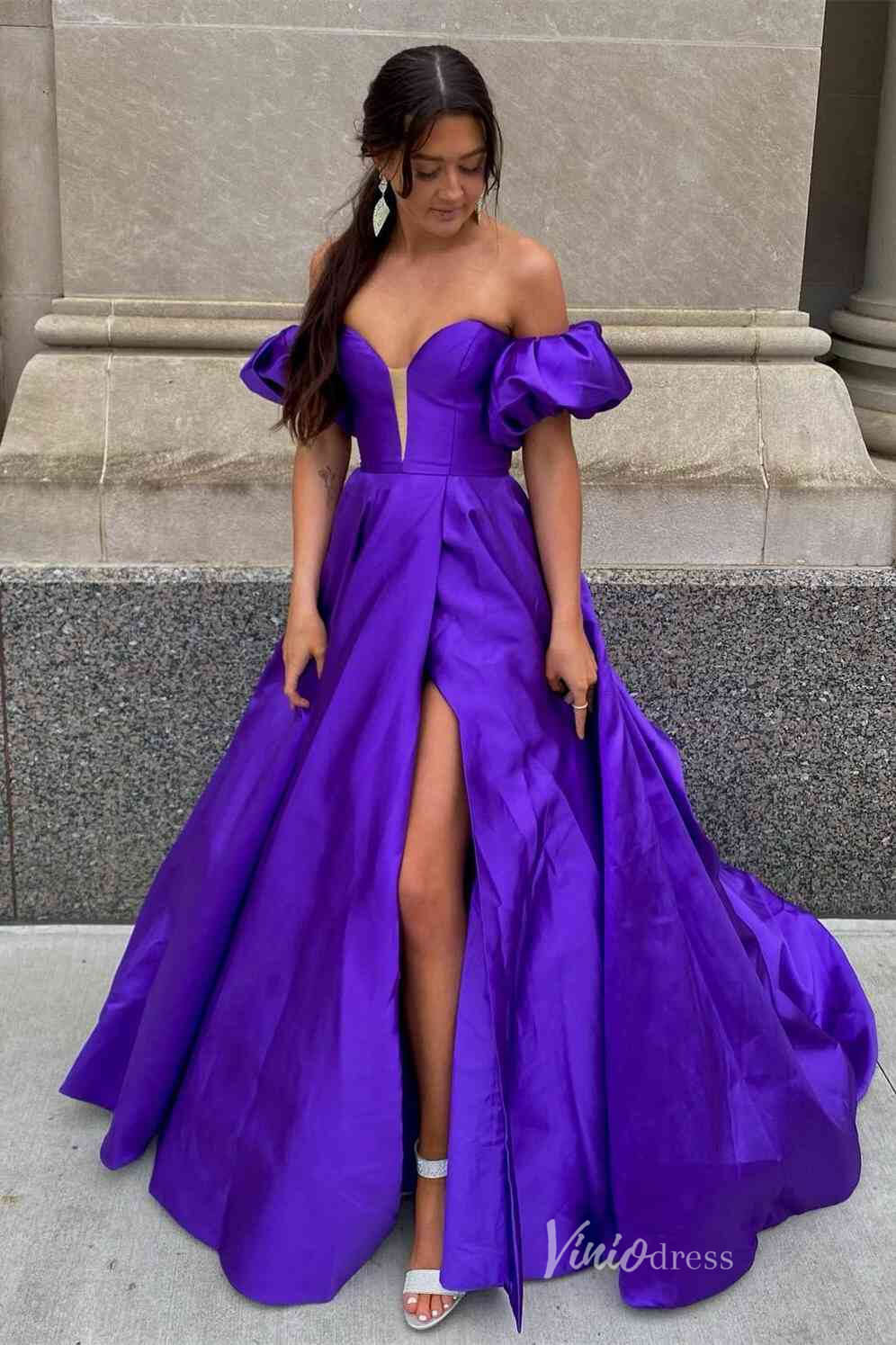 Strapless Satin Prom Dresses with Slit, Removable Puffed Sleeve FD4092 - Viniodressprom dressesPurpleCustom Size - Formal Dresses - Ball Gowns