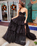 Prom Dress 2025 Strapless Shiny Tulle Ruffle Prom Dresses with Slit Pink Tiered Ball Gown FD2993B-unique prom dresses-Black-Custom Size-Viniodress