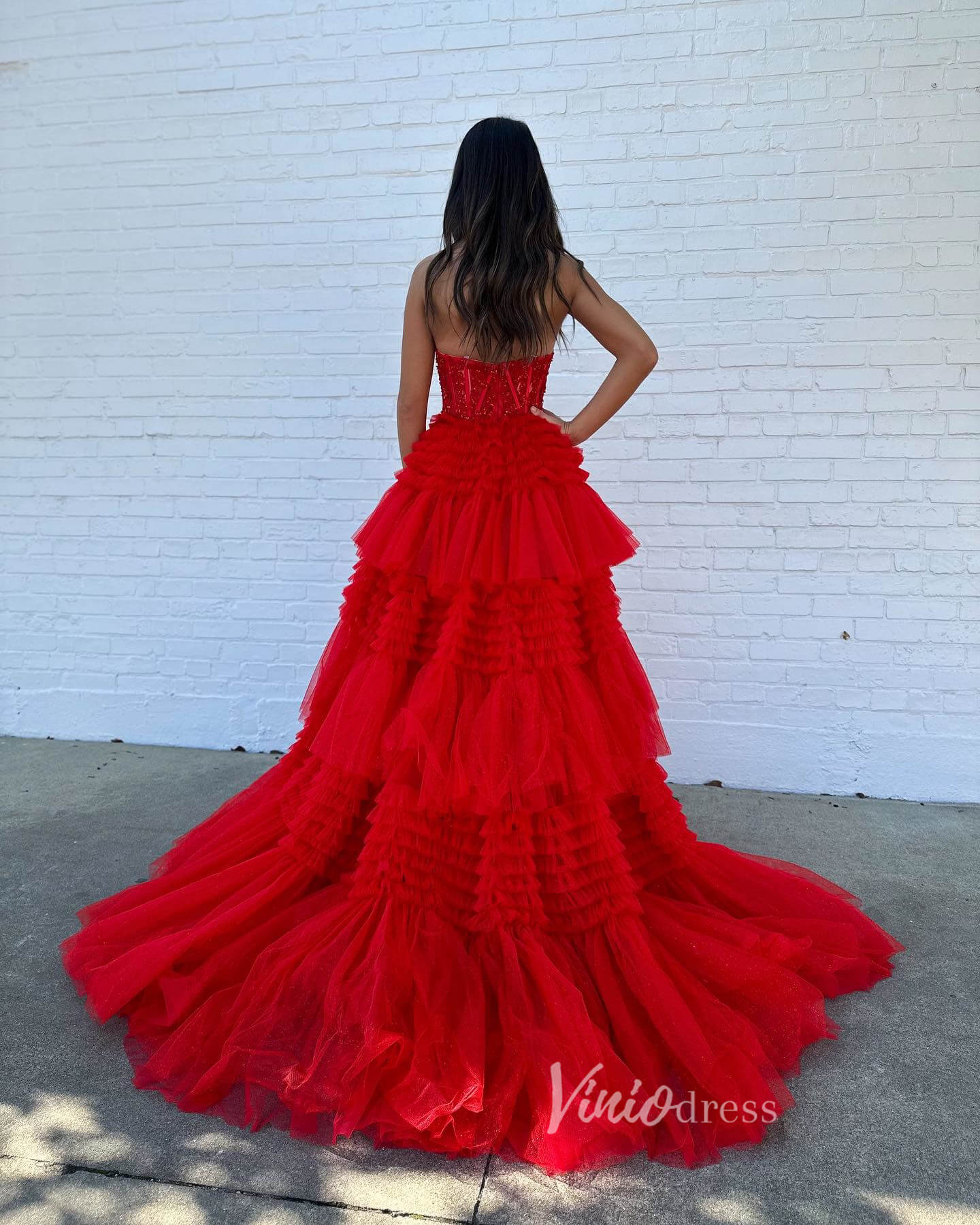 Strapless Shiny Tulle Ruffle Prom Dresses with Slit Pink Tiered Ball Gown FD2993B - Viniodressprom dressesRedCustom Size - Formal Dresses - Ball Gowns