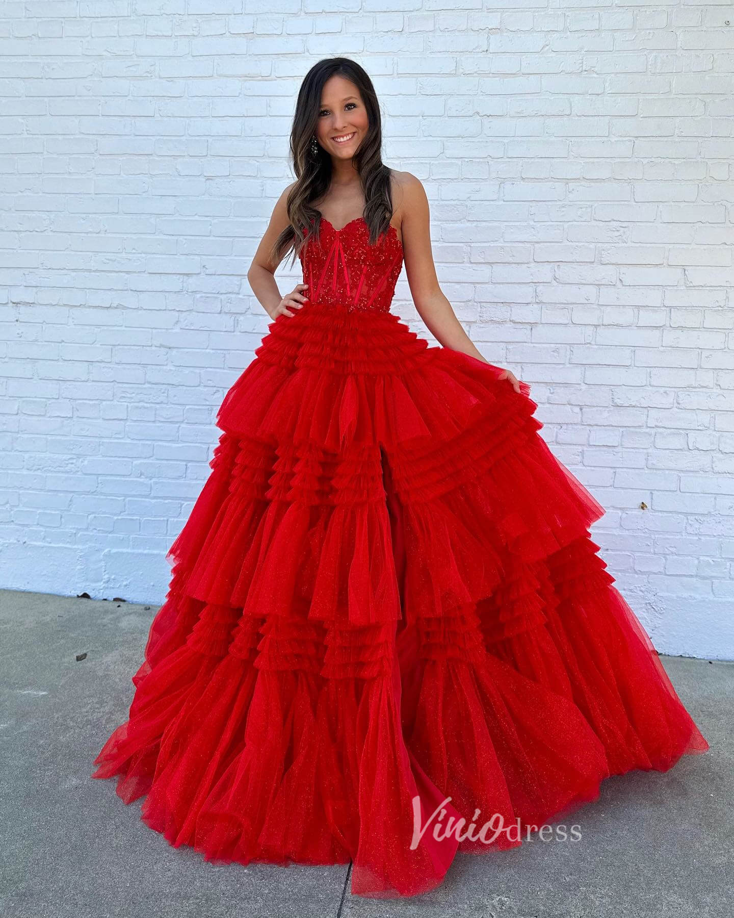 Strapless Shiny Tulle Ruffle Prom Dresses with Slit Pink Tiered Ball Gown FD2993B - Viniodressprom dressesRedCustom Size - Formal Dresses - Ball Gowns