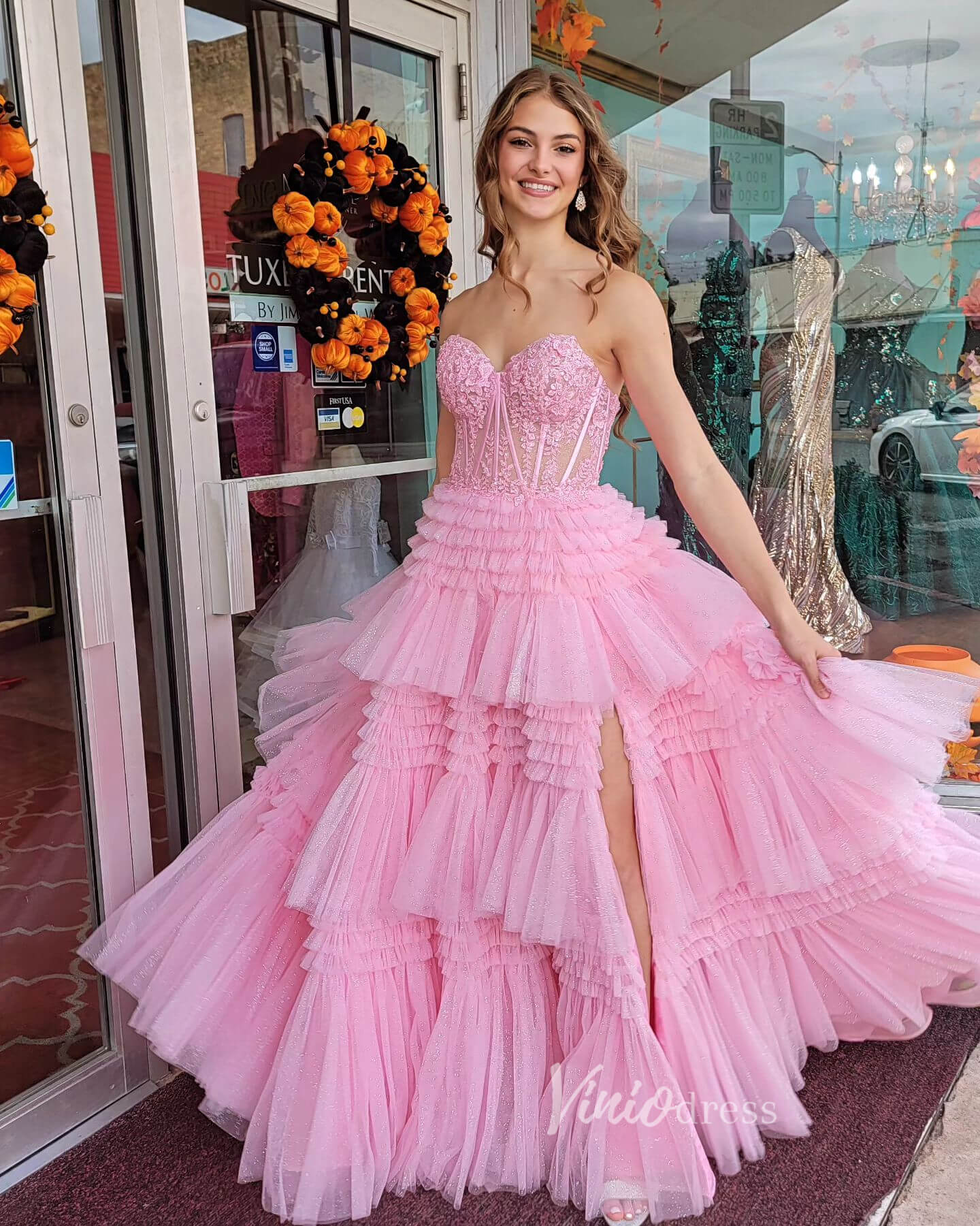 Strapless Shiny Tulle Ruffle Prom Dresses with Slit Pink Tiered Ball Gown FD2993B - Viniodressprom dressesPinkCustom Size - Formal Dresses - Ball Gowns