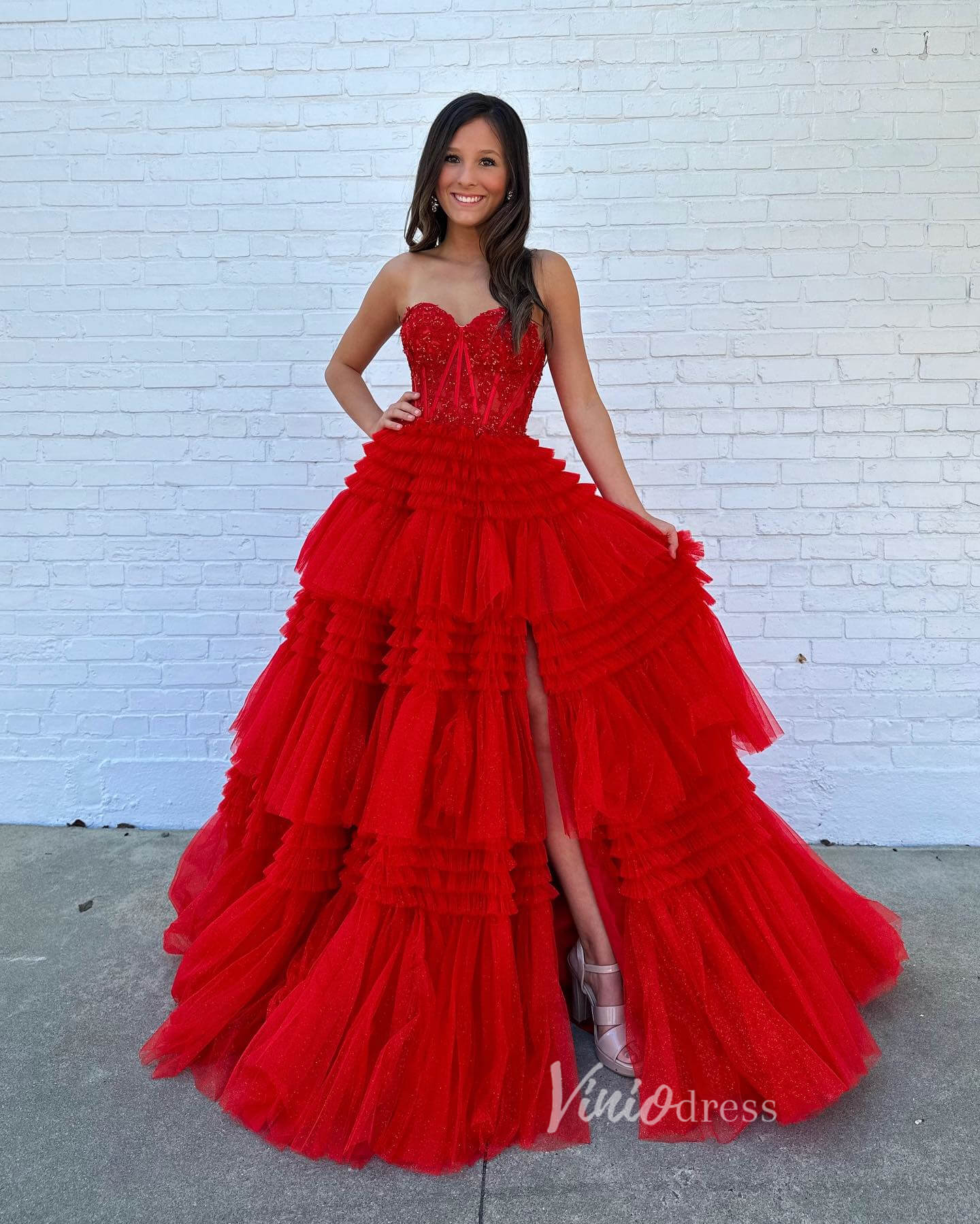 Prom Dress 2025 Strapless Shiny Tulle Ruffle Prom Dresses with Slit Pink Tiered Ball Gown FD2993B-unique prom dresses-Red-Custom Size-Viniodress