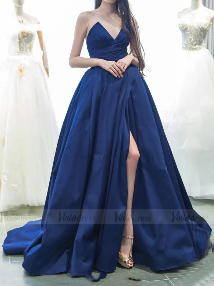 Prom Dress 2025 Strapless Simple Navy Blue Long Prom Dresses with Slit FD1624-unique prom dresses-Navy Blue-Custom Size-Viniodress