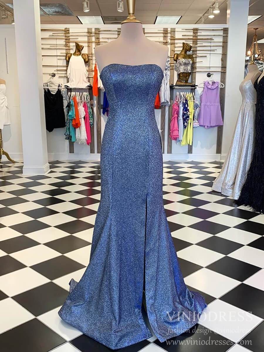 Prom Dress 2025 Strapless Sparkly Mermaid Prom Dresses with Slit Cheap Evening Dress FD2121-unique prom dresses-Blue-Custom Size-Viniodress