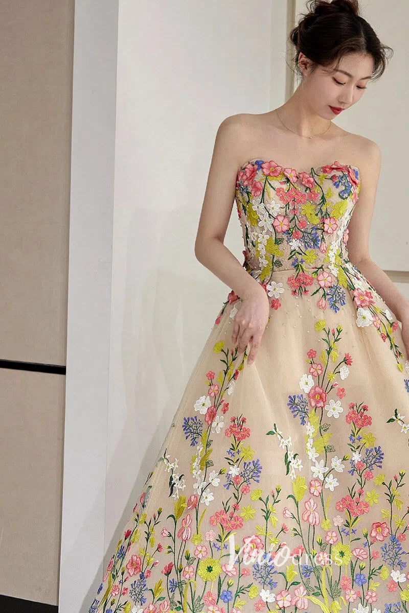 Prom Dress 2025 Strapless Tea Length Floral Prom Dresses with Crystals FD1353-unique prom dresses-Champagne-Custom Size-Viniodress