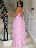 prom dresses 2025 Strapless Tiered Prom Dresses with Slit Sheer Lace Bodice Formal Dresses - FD3715-plus size wedding dresses Viniodress-Pink-Custom Size-