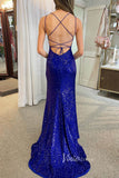 Prom Dress 2025 Stunning Mermaid Sequin Prom Dress with Spaghetti Strap and High Slit FD3493-unique prom dresses-Blue-Custom Size-Viniodress