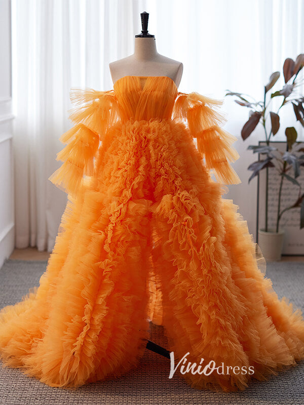 Prom Dress 2025 Stunning Orange Ruffle Prom Dresses Tiered Ball Gown with Slit FD3510-unique prom dresses-Orange-Custom Size-Viniodress