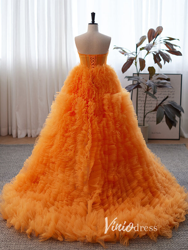 Prom Dress 2025 Stunning Orange Ruffle Prom Dresses Tiered Ball Gown with Slit FD3510-unique prom dresses-Orange-Custom Size-Viniodress