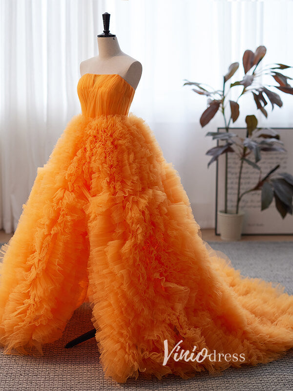 Prom Dress 2025 Stunning Orange Ruffle Prom Dresses Tiered Ball Gown with Slit FD3510-unique prom dresses-Orange-Custom Size-Viniodress