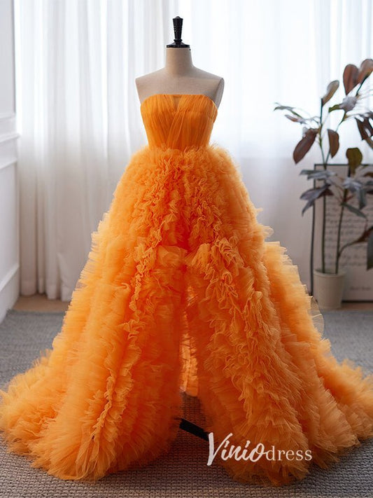 Stunning Orange Ruffle Prom Dresses Tiered Ball Gown with Slit FD3510 - Viniodressprom dressesOrangeCustom Size - Formal Dresses - Ball Gowns