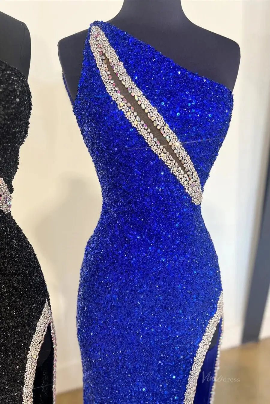 Stunning Sequin Mermaid Prom Dresses 2025 with Slit & One Shoulder – FD5060 - Viniodressprom dressesBlueCustom Size - Formal Dresses - Ball Gowns