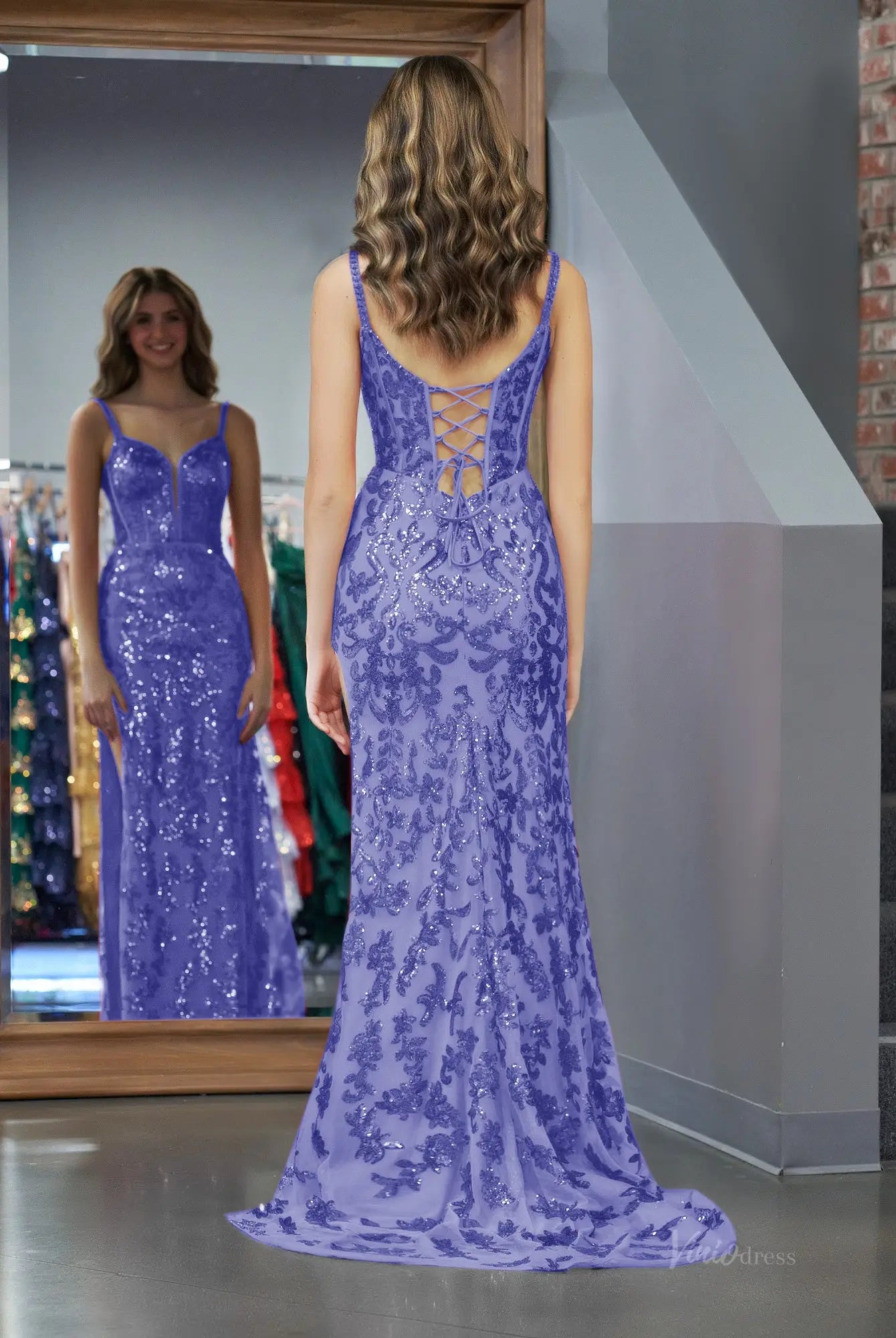 Stunning Sparkly Lace Mermaid Prom Dress 2025 with Slit, Spaghetti Strap & Plunging V-Neck  – FD5032