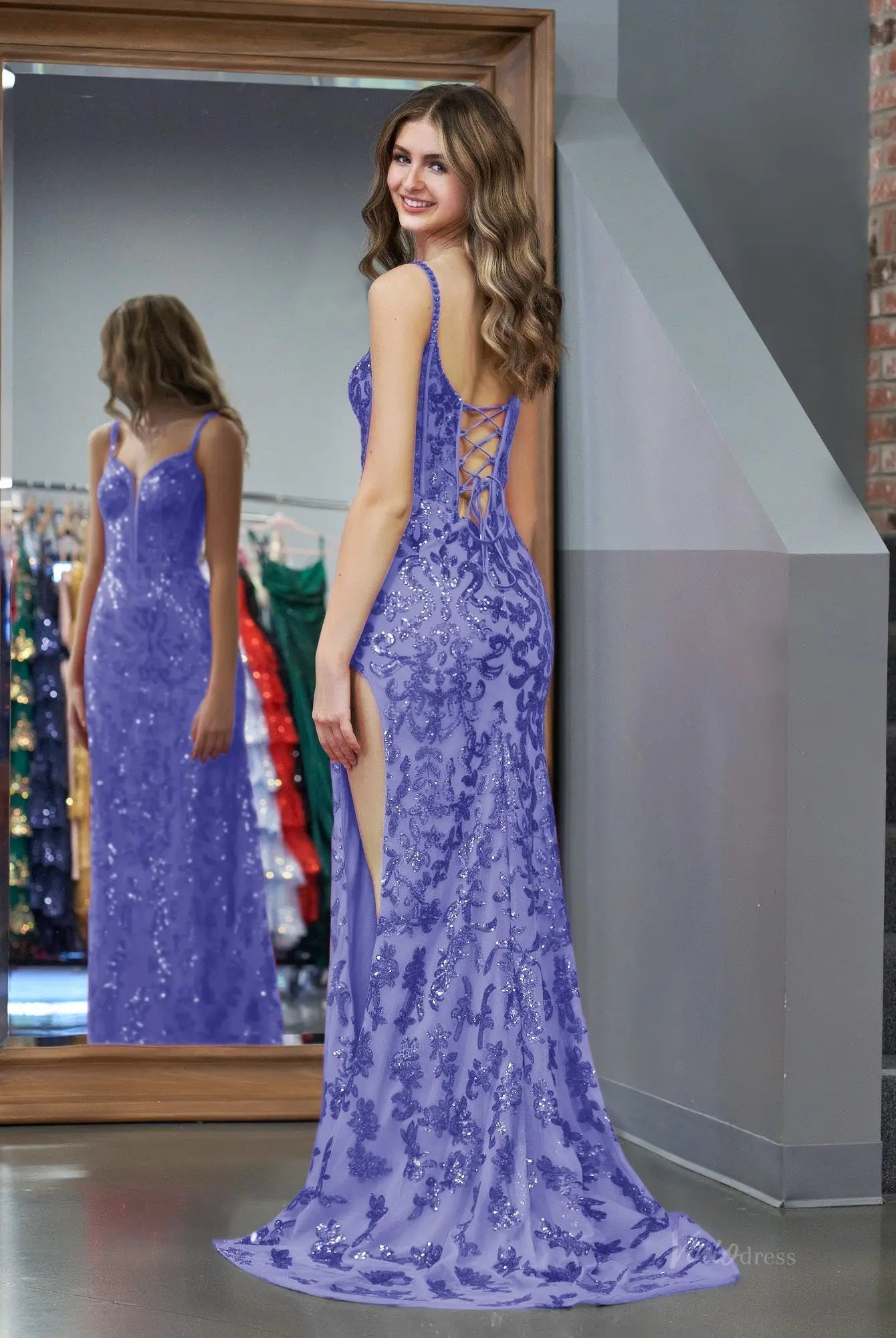 Stunning Sparkly Lace Mermaid Prom Dress 2025 with Slit, Spaghetti Strap & Plunging V - Neck – FD5032 - Viniodressprom dressesLavenderCustom Size - Formal Dresses - Ball Gowns