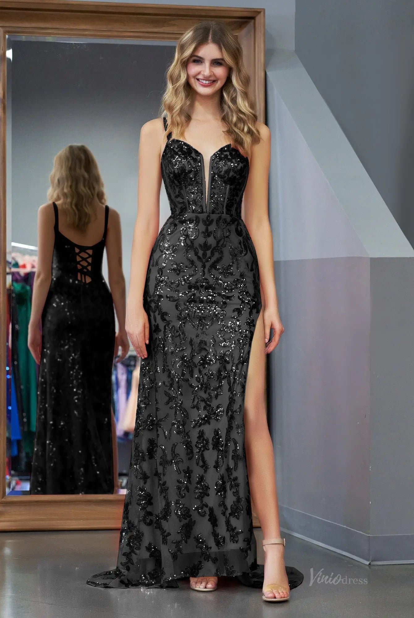 Stunning Sparkly Lace Mermaid Prom Dress 2025 with Slit, Spaghetti Strap & Plunging V - Neck – FD5032 - Viniodressprom dressesBlackCustom Size - Formal Dresses - Ball Gowns