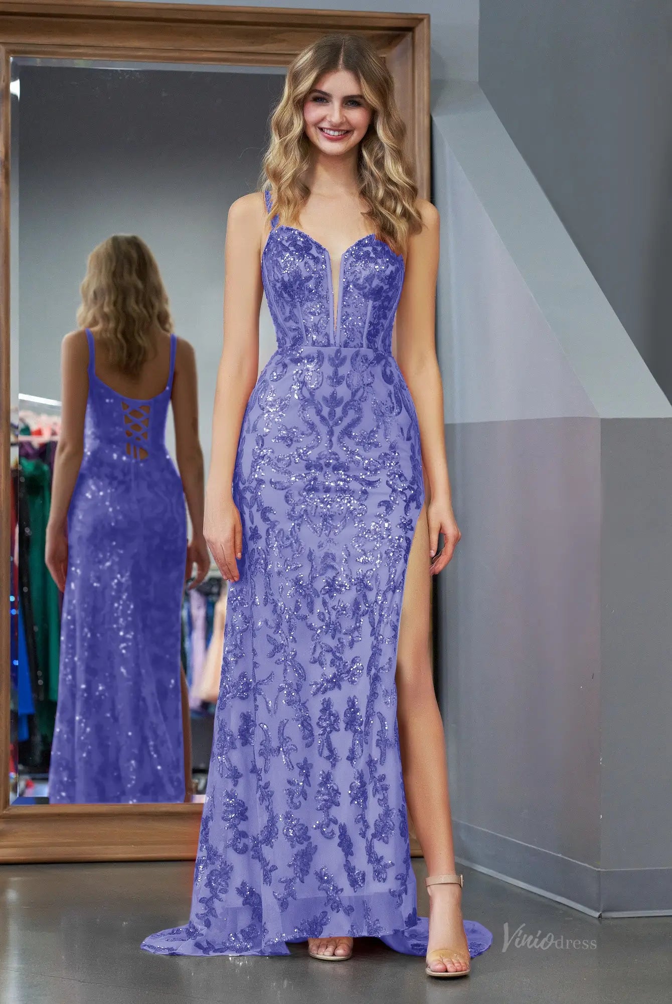 Stunning Sparkly Lace Mermaid Prom Dress 2025 with Slit, Spaghetti Strap & Plunging V-Neck  – FD5032