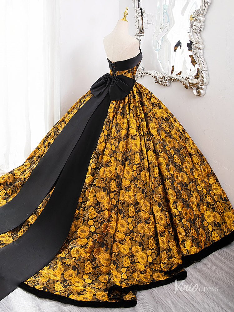 Stunning Yellow Floral Blossom Prom Ball Gown Strapless Bow Tie Quinceanera Dresses BG010 - Viniodressprom dressesYellowCustom Size - Formal Dresses - Ball Gowns