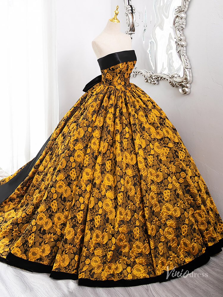 Stunning Yellow Floral Blossom Prom Ball Gown Strapless Bow Tie Quinceanera Dresses BG010 - Viniodressprom dressesYellowCustom Size - Formal Dresses - Ball Gowns