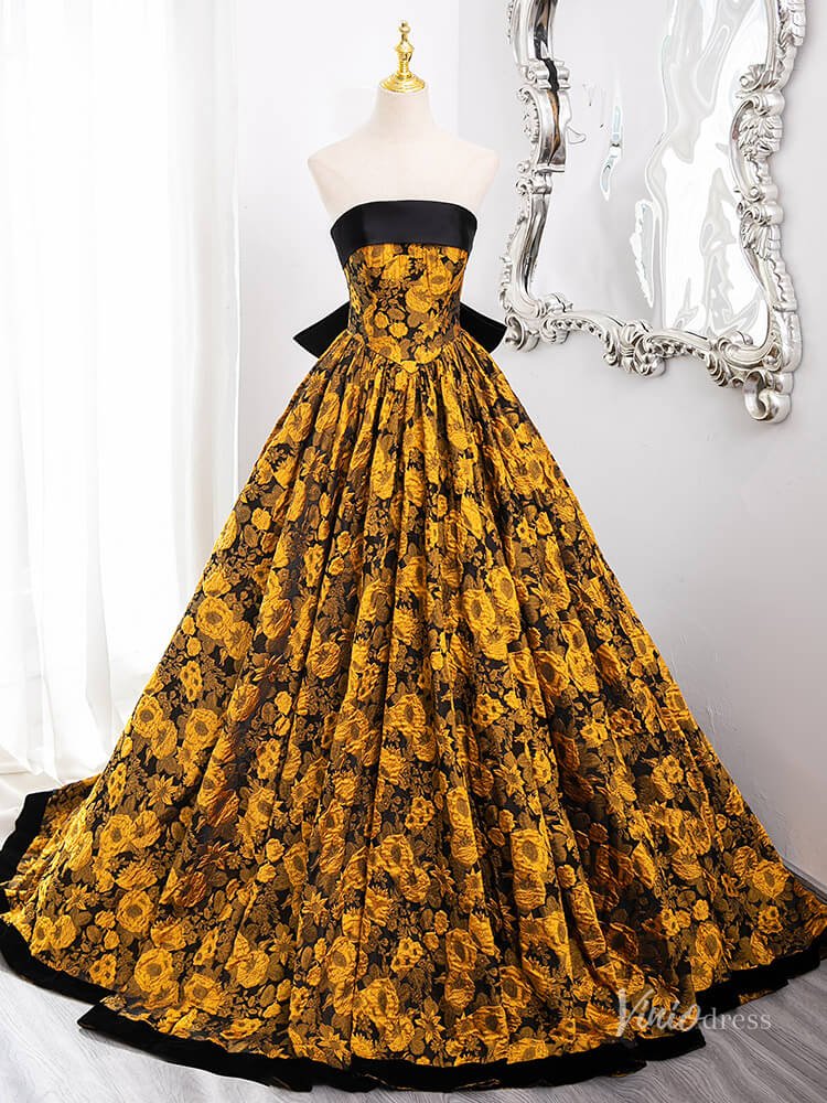 Stunning Yellow Floral Blossom Prom Ball Gown Strapless Bow Tie Quinceanera Dresses BG010 - Viniodressprom dressesYellowCustom Size - Formal Dresses - Ball Gowns