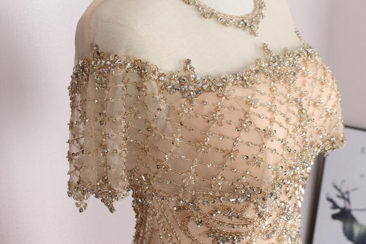 Prom Dress 2025 Taupe Beaded Sheath Prom Dresses Short Sleeve Evening Dress FD2476-unique prom dresses-Taupe-US 2-Viniodress