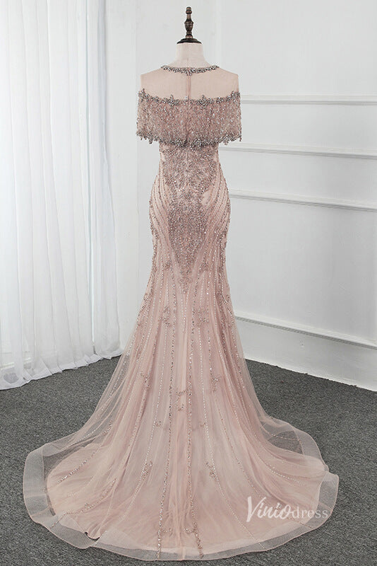 Prom Dress 2025 Taupe Beaded Sheath Prom Dresses Short Sleeve Evening Dress FD2476-unique prom dresses-Taupe-US 2-Viniodress