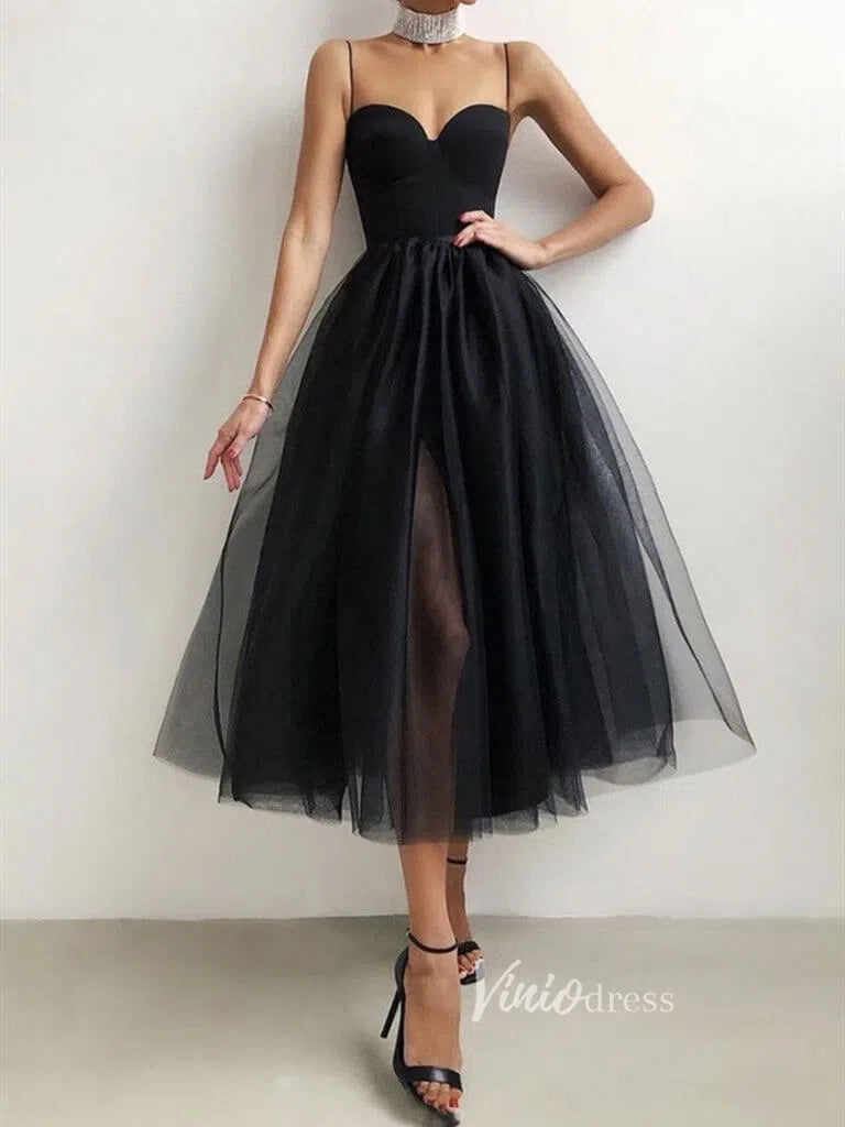 Short Prom Dresses 2025 Tea length Black Prom Dress Spaghetti Strap Evening Dress FD1140-prom dresses-Viniodress-Black-Custom Size-Viniodress