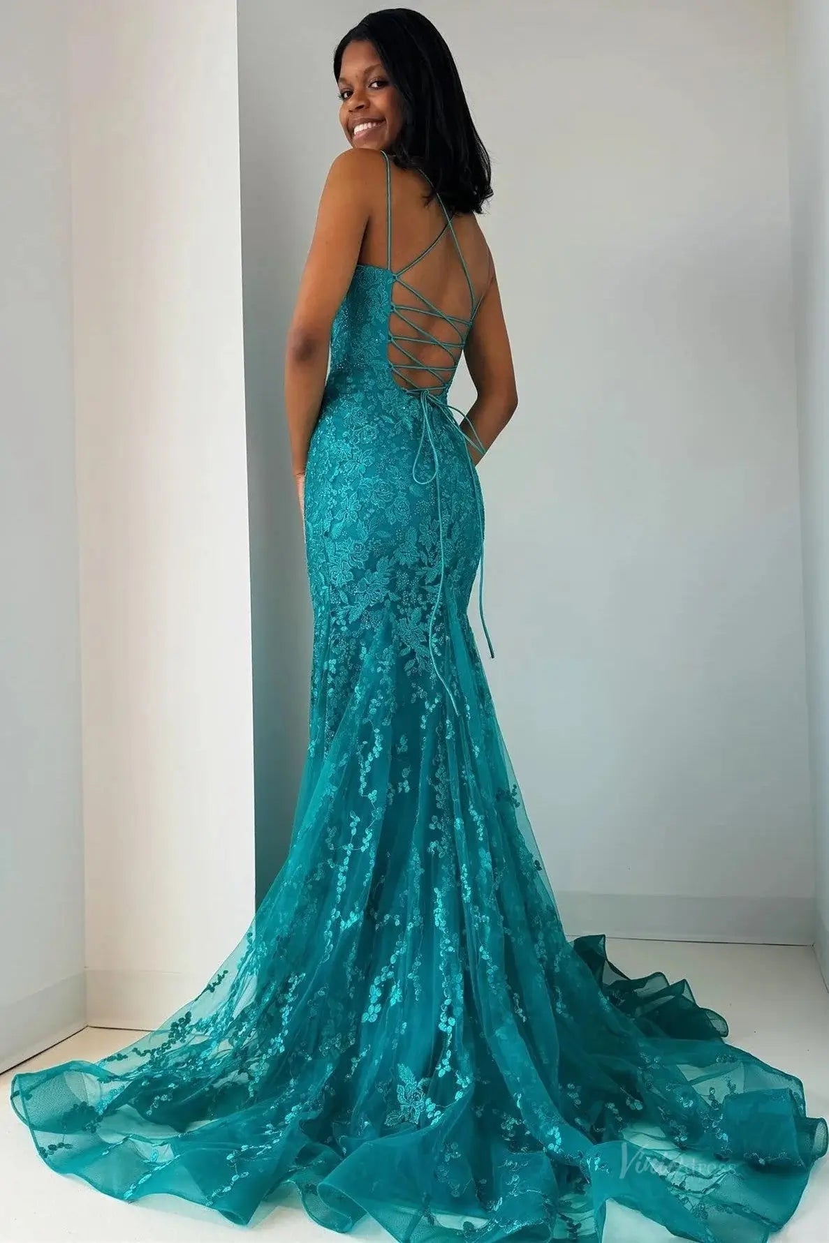 Teal Blue Lace Mermaid Prom Dress 2025 with Spaghetti Strap & Lace Up Back – FD5039 - Viniodressprom dressesBlueCustom Size - Formal Dresses - Ball Gowns