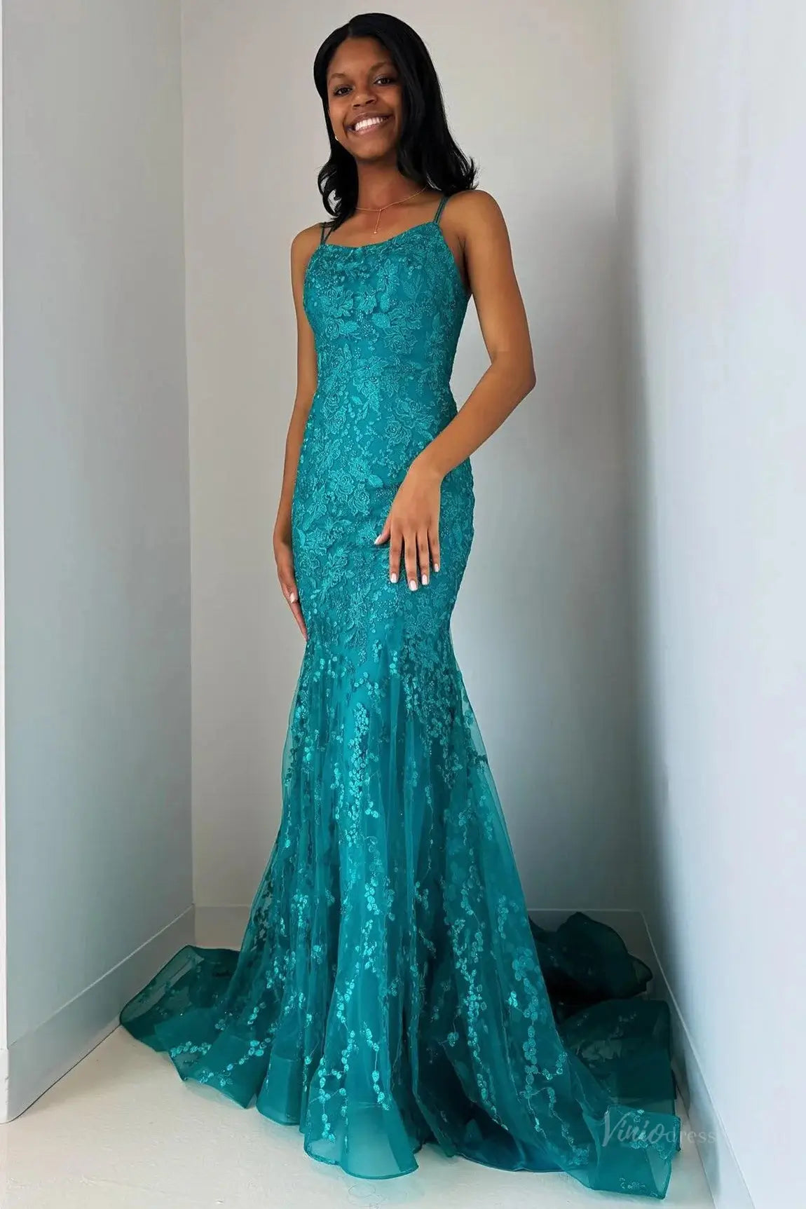 Teal Blue Lace Mermaid Prom Dress 2025 with Spaghetti Strap & Lace Up Back – FD5039