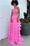 Prom Dress 2025 Tiered Chiffon Ruffle Prom Dresses with Slit FD3697-unique prom dresses-Strapless-Pink-Custom Size-Viniodress