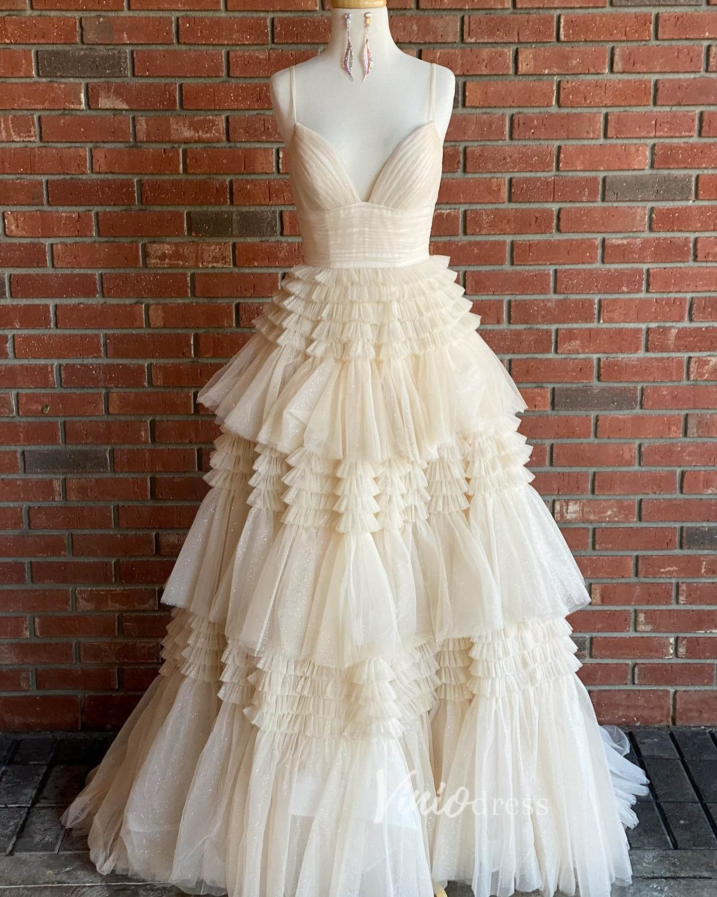 Prom Dress 2025 Tiered Ruffle Tulle Prom Dresses FD2993B no slit version-unique prom dresses-Champagne-Custom Size-Viniodress