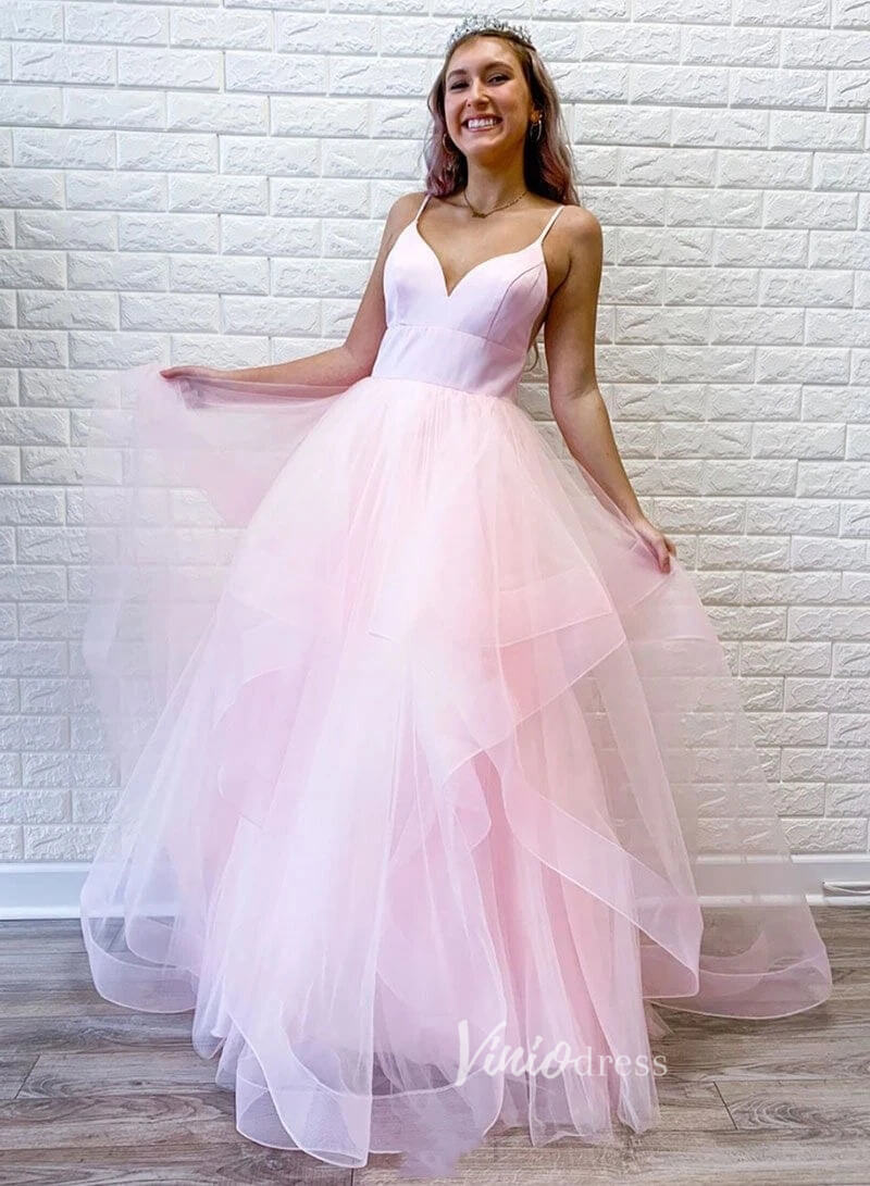 Prom Dress 2025 Cheap Tiered Tulle Prom Dresses Spaghetti Strap FD2942C-unique prom dresses-Pink-Custom Size-Viniodress