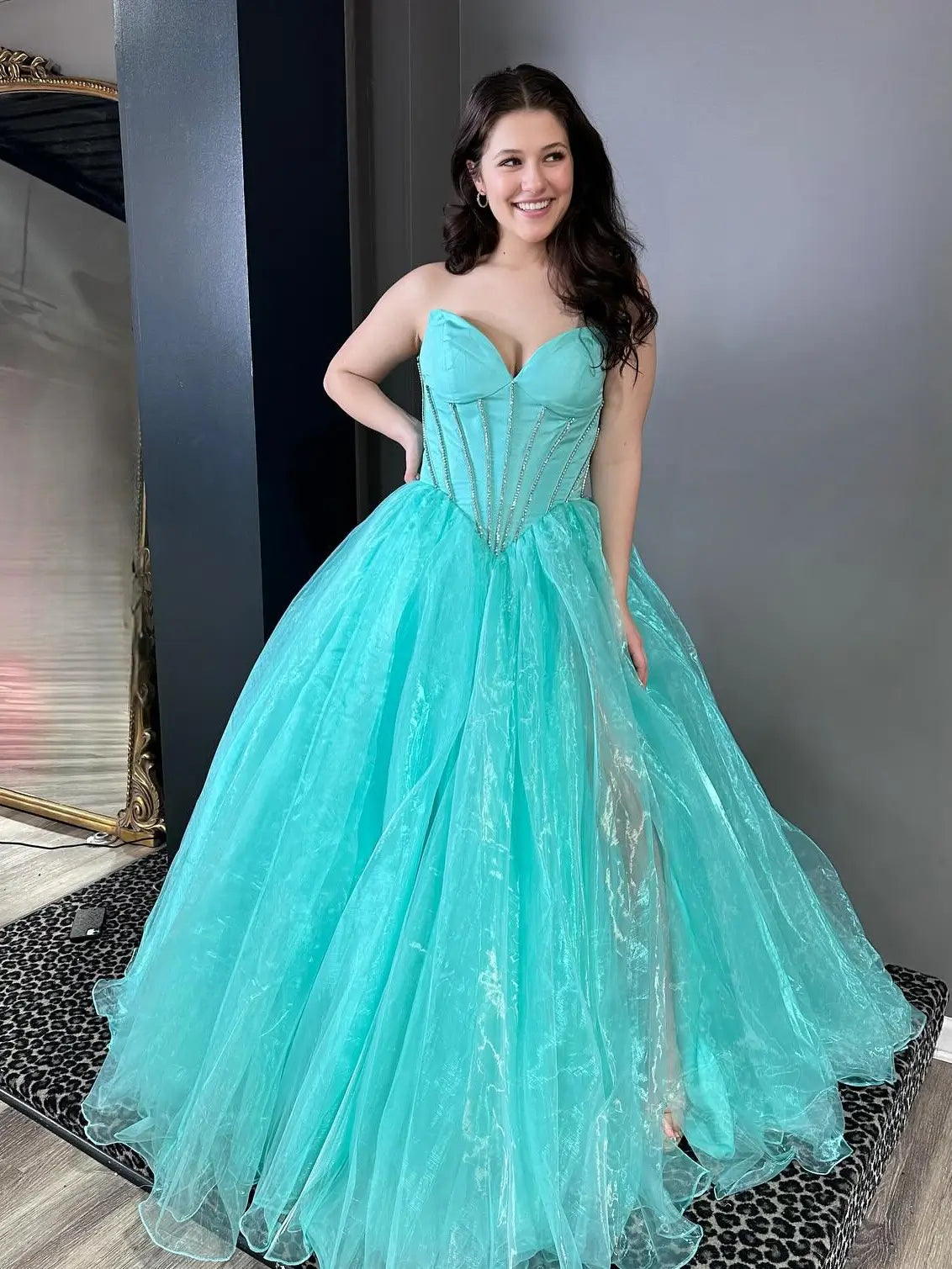 prom dresses 2025 Tiffany Blue Organza Prom Dress with Slit, Sweetheart Neckline & Boned Bodice – Style FD6059-plus size wedding dresses Viniodress-Tiffany Blue-Custom Size-