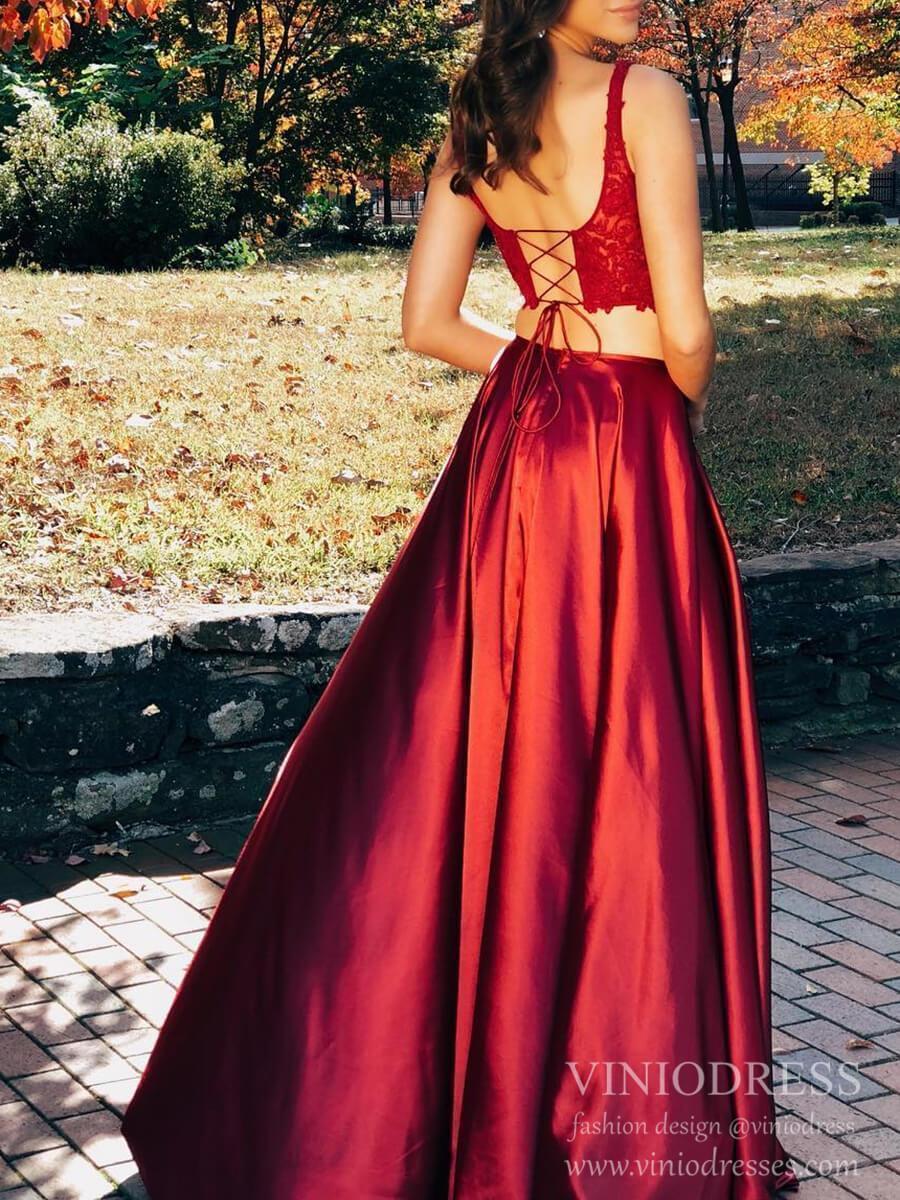 Prom Dress 2025 Two Piece Lace-up Satin Prom Dresses Wide Strap Evening Dress FD2027-unique prom dresses-Dark Red-Custom Size-Viniodress