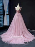 Prom Dress 2025 V Neck Beaded Long Prom Dresses Pink Tulle Formal Dress FD1248-unique prom dresses-Pink-US 2-Viniodress