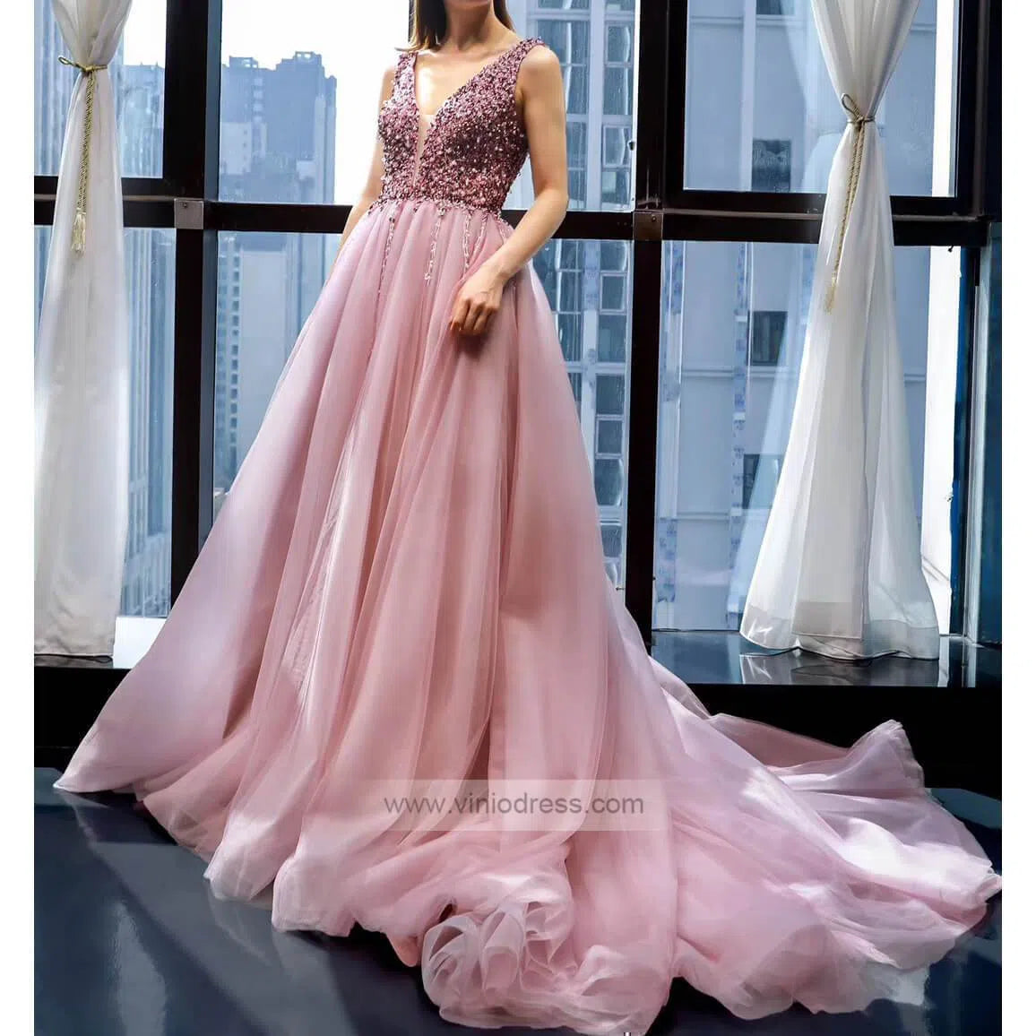 Prom Dress 2025 V Neck Beaded Long Prom Dresses Pink Tulle Formal Dress FD1248-unique prom dresses-Pink-US 2-Viniodress