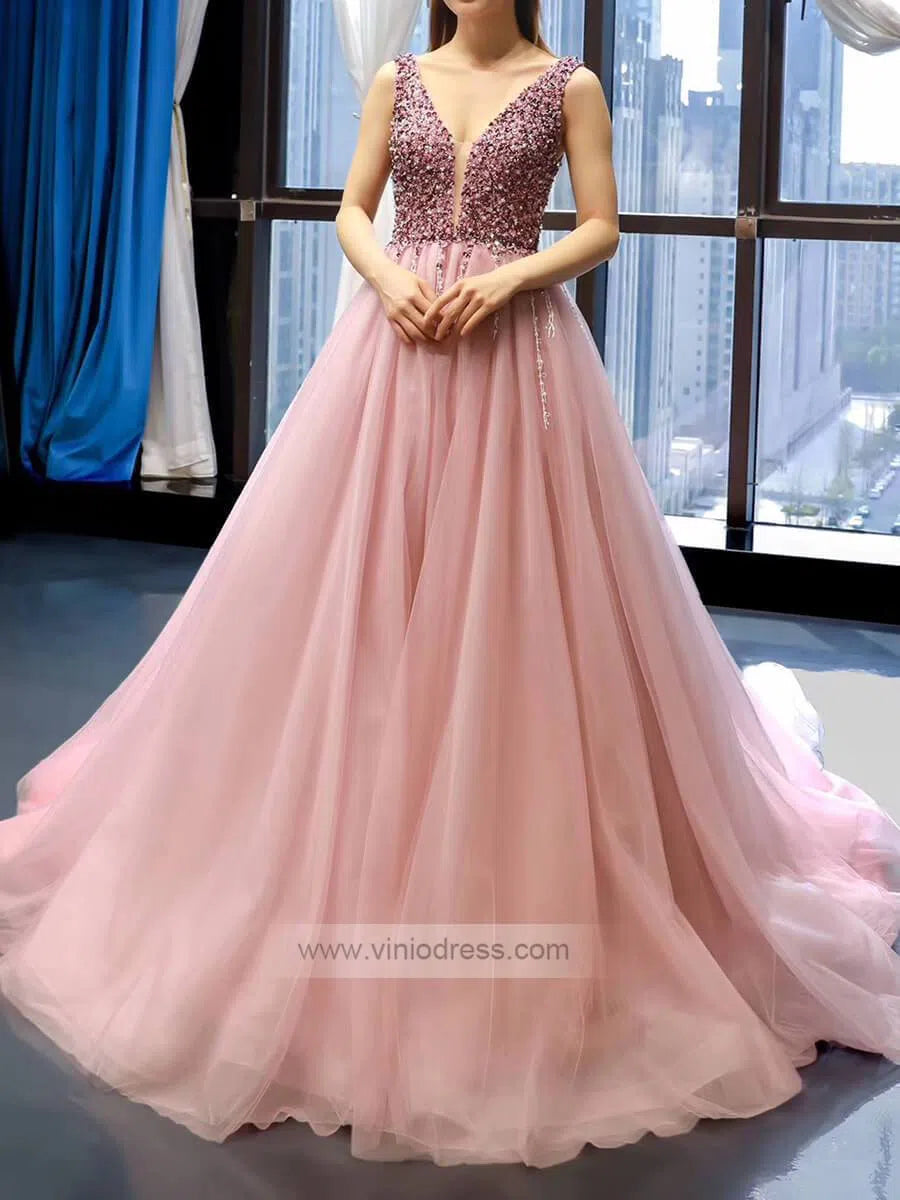 Prom Dress 2025 V Neck Beaded Long Prom Dresses Pink Tulle Formal Dress FD1248-unique prom dresses-Pink-US 2-Viniodress