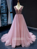 Prom Dress 2025 V Neck Beaded Long Prom Dresses Pink Tulle Formal Dress FD1248-unique prom dresses-Pink-US 2-Viniodress